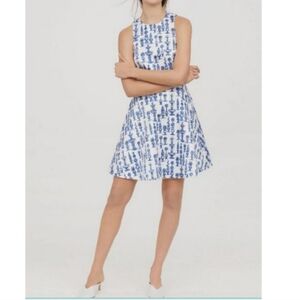 H&M Botanical Blue And White Fit And Flare  Satin Dress Size 8 Women's